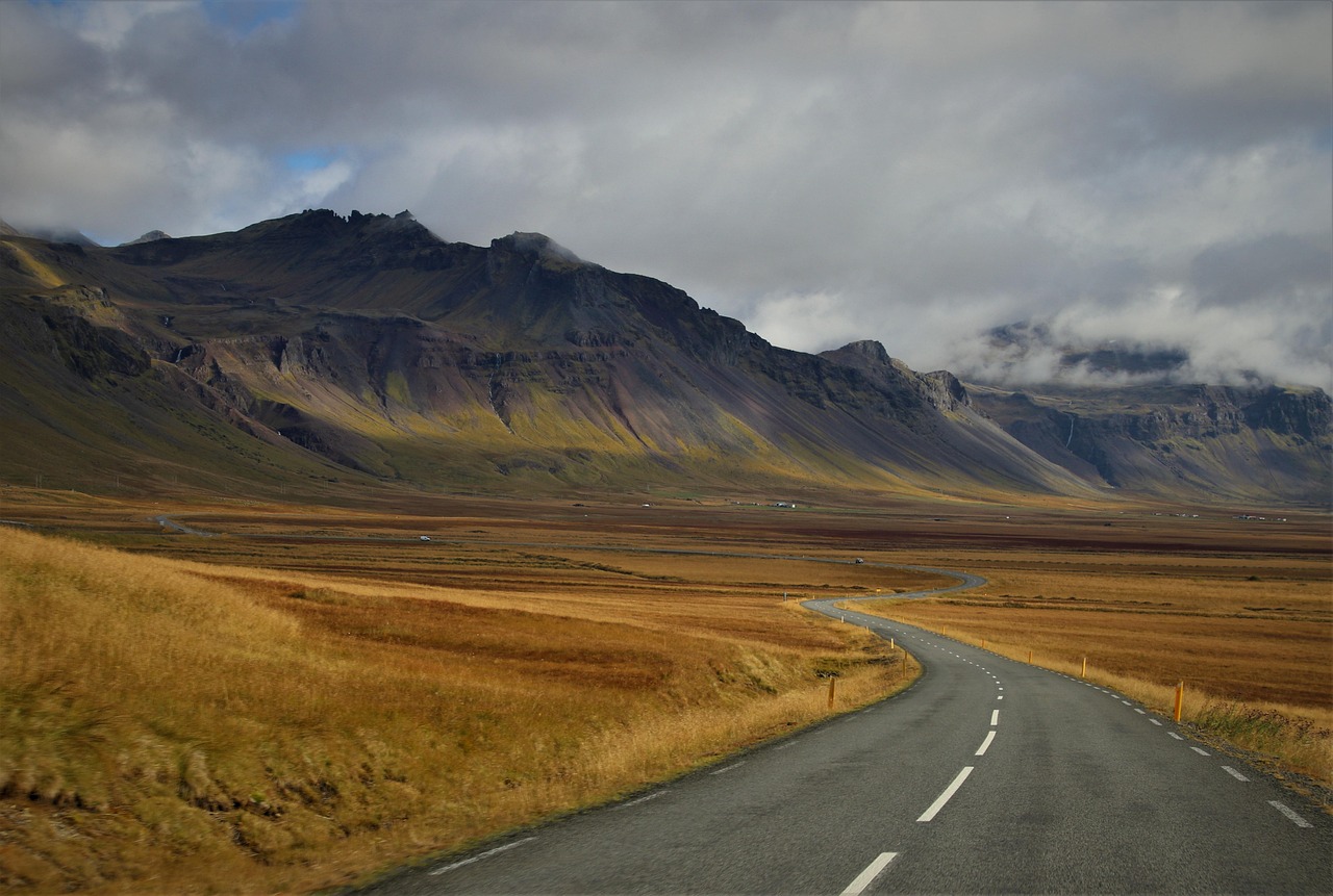 mountains, way, perspective, distant view, travel, nature, scenery, cloudy, iceland, the language of the earth, asphalt, brown travel